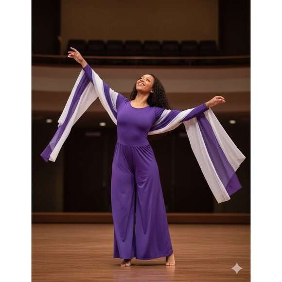 Body Wrappers Praise Dance Jumpsuit Size M Palazzo Pants Worship Purple Zip Back - Picture 12 of 12